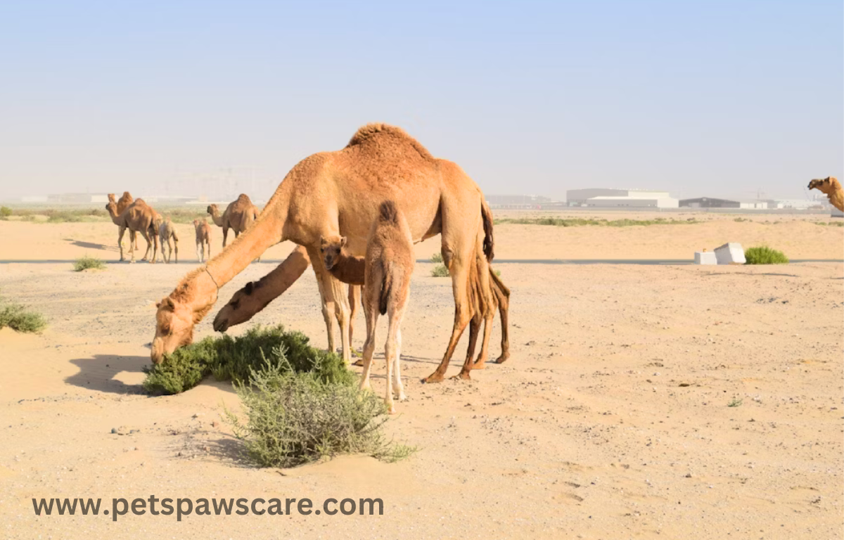 Camels eating grass